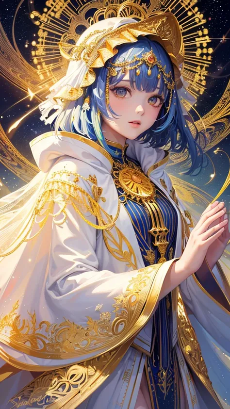 (masterpiece, highest quality, highest quality, Official Art, beautifully、aesthetic:1.2), (One girl), Very detailed, (Fractal Art:1.3), colorful, Most detailed, Perfect Face, Upper Body, High resolution, (pray:1.3), (White cloak, golden lines:1.2), Milky W...