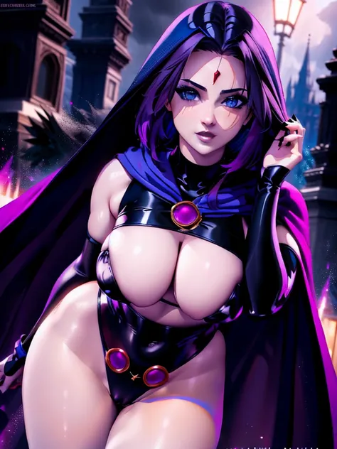 Masterpiece, professional artwork, famous artwork, gothgirl solo as raven, muscular, wide hips, large breasts, leotard, full-body angle,  dark atmosphere, grey skin, purple hair, forehead jewel, cape,black  leather thigh boots