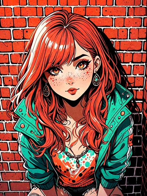 (masterpiece, best quality, Intricate details, Chromatic Aberration), Practical, ((Moderate breathing)), Cartoon hand drawn, 1girl, solo, long hair, Red hair, Red decoration on head, pink highlights, Amber eyes, earrings, Sharp eyes, necklace, Neon shirt, ...