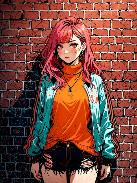 (masterpiece, best quality, Intricate details, Chromatic Aberration), Practical, ((Moderate breathing)), Cartoon hand drawn, 1girl, solo, long hair, Red hair, Red decoration on head, pink highlights, Amber eyes, earrings, Sharp eyes, necklace, Neon shirt, ...