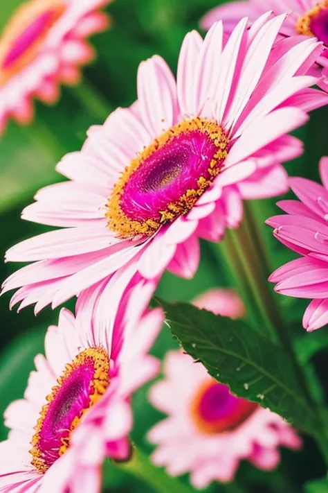 pink gerbera flowers,sunny weather,close up,Highly detailed,water drop,Macro photography,beautiful