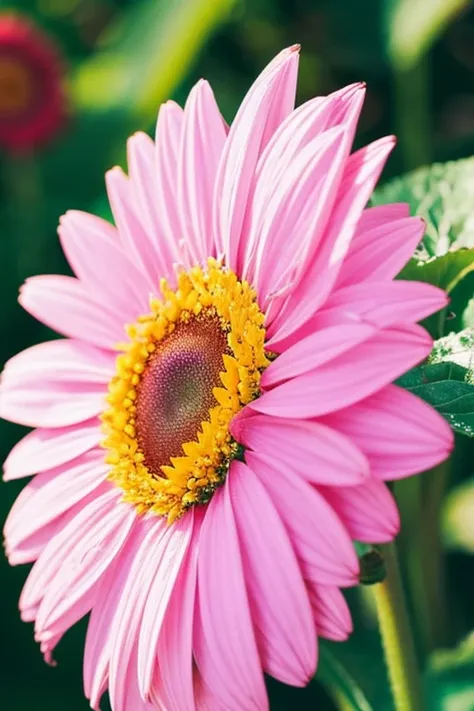 pink gerbera flowers,sunny weather,close up,Highly detailed,water drop,Nature Photography,beautiful