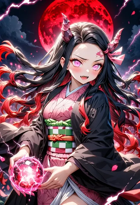 ultra detailed, highres, absurdres, hdr, master piece, kamado nezuko, black long hair, expressive pink eyes, black haori, pink k...