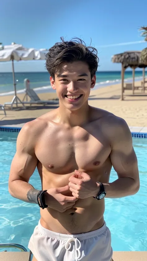 male Age 21 swimwear lifeguard topless smile