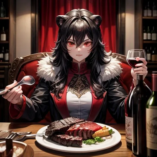 Lion, Black Hair, Red eyes, wing, Very monstrous　Powerful Warrior　Eat steak　wine glass with red wine