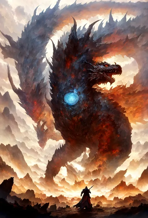 Chinese dragon circling between mountains，With a warrior standing in ground, dragons as the main background，There are clouds，There is mine enterance，Flying in the sky（CHinese dragon：1.5），highly detailed fantasy art，hyperrealistic d & D fantasy art，Hero, Ar...