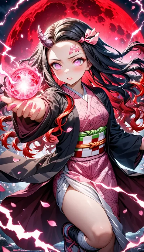 ultra detailed, highres, absurdres, hdr, master piece, kamado nezuko, black long hair, expressive pink eyes, black haori, pink k...