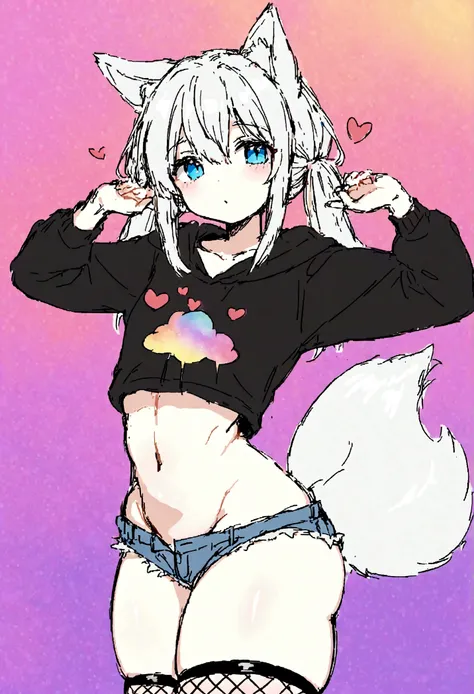 a cute adult male with wolf ears,long white hair with long locks, has a wolf tail, wearing a loose cropped oversized black hoodie, wearing a pair of denim short shorts and thigh high fishnet stockings, thick thighs, wide hips, relaxing on mound of fluffy m...