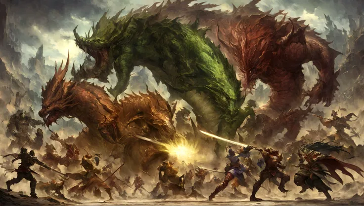 There is a big dragon，huge head，The body is huge, Horrible dragon，combats, dead body, blood vess, Sateen, samurais, Guy, long sword, sword clash, jogging, arrow shot, beam of light, ogre, Three people, struggle, violent art style, epic fantasy card game ar...