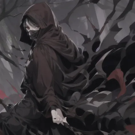 No name assassin, red eyes, cloak, robe, white gloves, dagger, black hair, long skirt, mask, hood, cape, best quality, forest, day