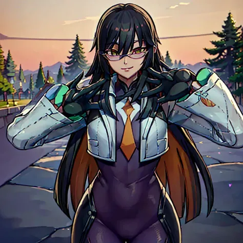 daraku, long hair, glasses, gloves, pants, smile, 
looking at viewer, outdoors, (masterpiece:1.2), best quality, high resolution, unity 8k wallpaper, (illustration:0.8), (beautiful detailed eyes:1.6), extremely detailed face, perfect lighting, extremely de...