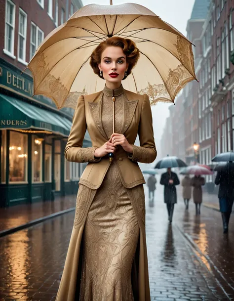 A classic vintage color portrait photograph of a Dutch woman with a detailed face, elegantly wearing a traditional non-Dutch kebaya, holding a folded umbrella, and strolling through a small city during a light rain. The backdrop features beautiful Art Deco...