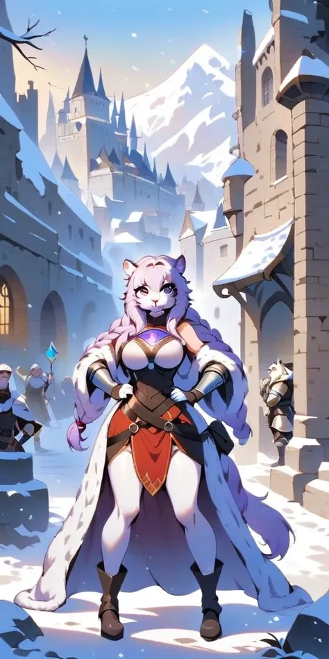 furry white tiger woman stands on the street of a snowy castle, wearing shining armor (armor with a mirror surface) and a fur ca...