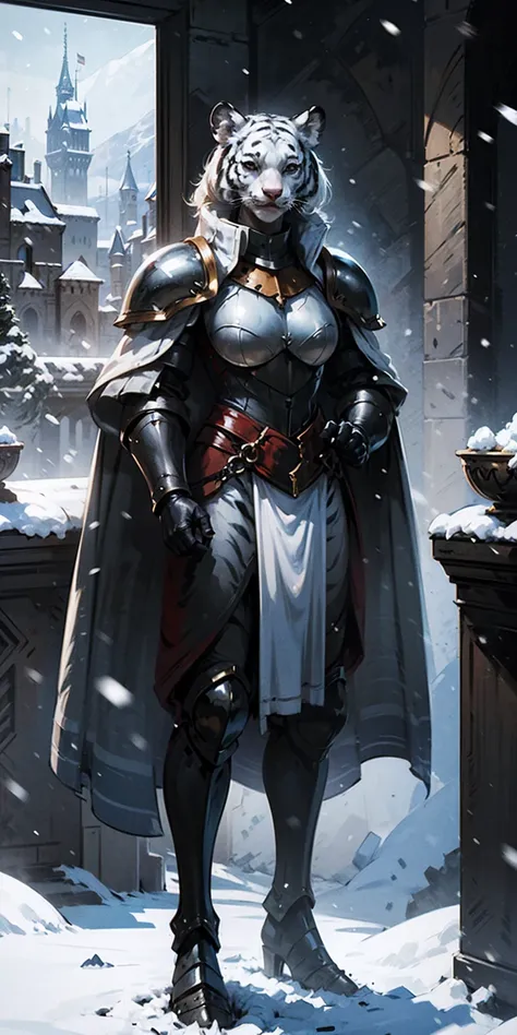 Furry white tiger woman stands on the street of a snowy castle, wearing shining armor (armor with a mirror surface) and a fur cape, winter, snowing, Medieval times, fantasy, white tiger woman, (Women - White Tiger), (Furry), Sakimichan art, white and black...