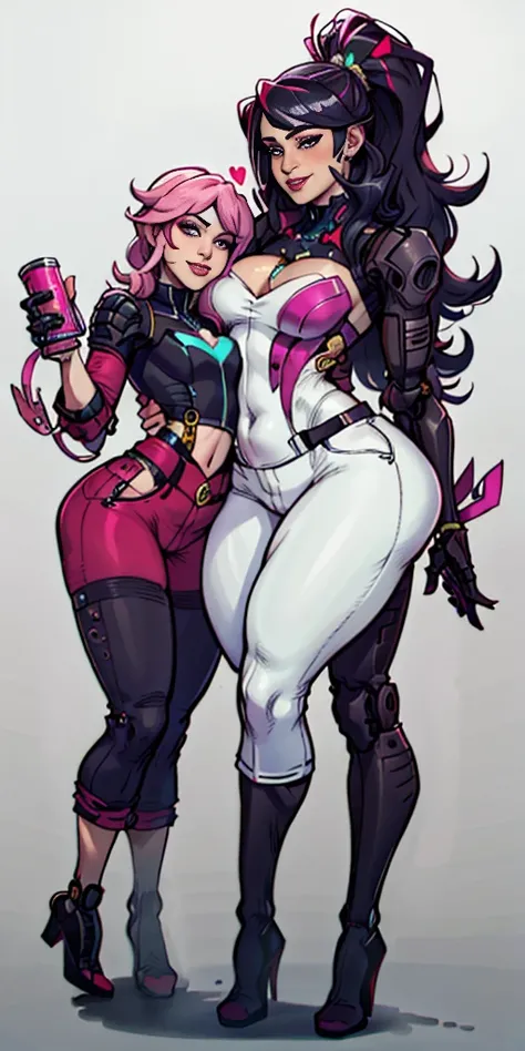 2Beautiful Woman,  Thicc, blusa corta blanca atada, escote grande, pantalones cortos, senos masivos, ojos rosados, pelo blanco mechones rosados, Colas gemelas, Detalles de la flor de loto, Sarcastic smile, Touches of star and heart, tinta, realista, Textur...