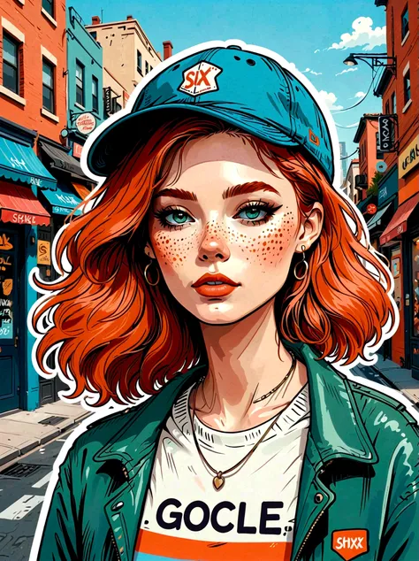 Cartoon hand drawn, 1girl, solo, Strike a pose, Ginger Hair, (Streetwear:1.2), By stickers, Sticker Fashion, Complex street background, Flat color made, Fair skin，The face is delicate and flawless，Magical naive art，Bright blue and green，The color palette i...