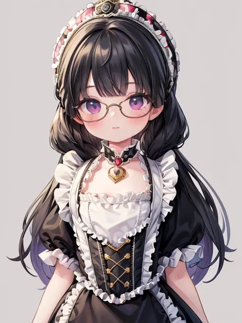 8k, (Rococo:1.8), 9-year-old girl, black eye, Glasses, Black Hair, Long Hair, Braid, Black maid outfit