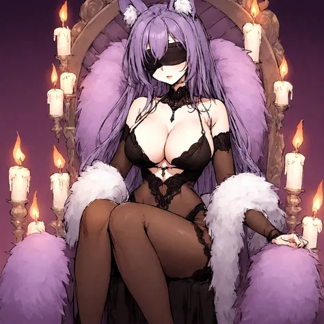 a sexy milf with a blindfold on, has very long purple hair, wearing fur lined sheer robe, breasts, showing cleavage, has fox ears, relaxing on a throne, surrounded by candles and soft multi colored fuzzy plushies