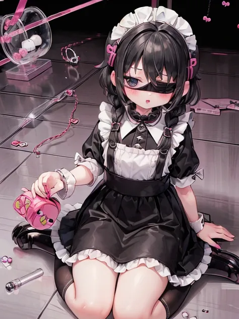 8k, (blind box toy style:1.8), 9-year-old girl, black eye, Glasses, Black Hair, Long Hair, Braid, Black maid outfit