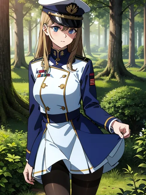 army uniform, army,Jacket,Blue and white,skirt, (Black_Pantyhose:1.3), (Forest background), (it&#39;s clear), Mourou Calm, Mature woman, anime cels style, best quality, high resolution, 1 Girl, (Huge breasts:1.2)(((Full breasts,)))(((Large Breasts))) (((Cl...