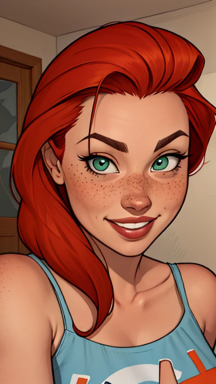 a close up of a woman with red hair smiling at the camera, she is redhead, uma jovem ruiva, cabelo ruivo with freckles, eleanor ...