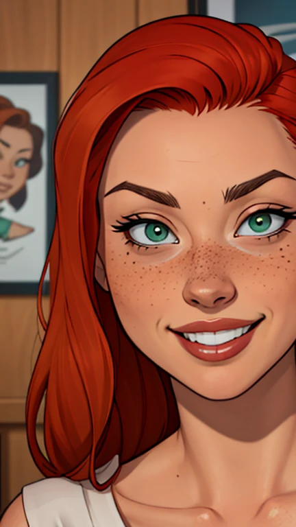 a close up of a woman with red hair smiling at the camera, she is redhead, uma jovem ruiva, cabelo ruivo with freckles, eleanor ...