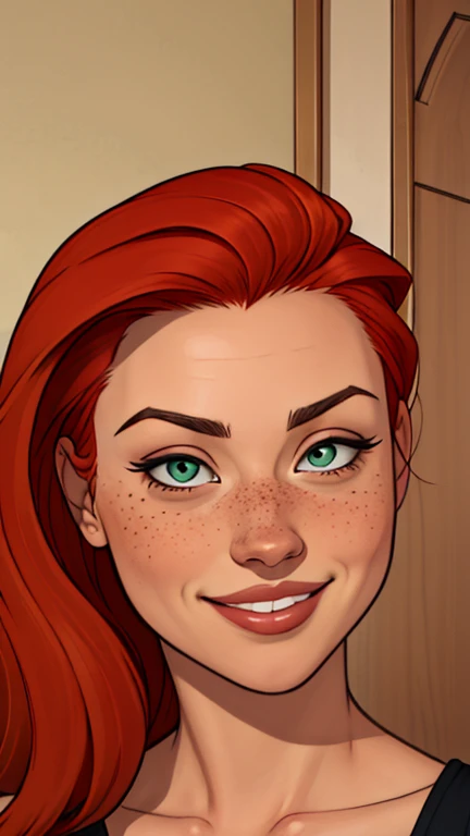 a close up of a woman with red hair smiling at the camera, she is redhead, uma jovem ruiva, cabelo ruivo with freckles, eleanor ...