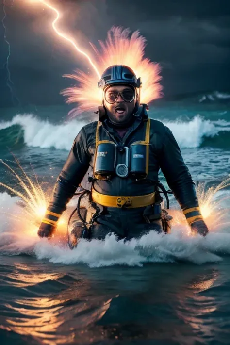 a welder getting shocked in the middle of the sea while working, best quality, 8k, high resolution, masterpiece, ultra-detailed, photorealistic, professional, dramatic lighting, stormy sea, dramatic pose, sparks, electricity, danger, safety equipment, weld...