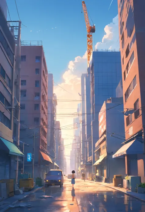 There are photos of construction sites，There are construction cranes, created in unreal engine 5, made in unreal engine 5, destroyed city in the background, Rendering in Unreal Engine 5, unreal engine 5 digital art, hyper-realistic environment, outdoors ru...