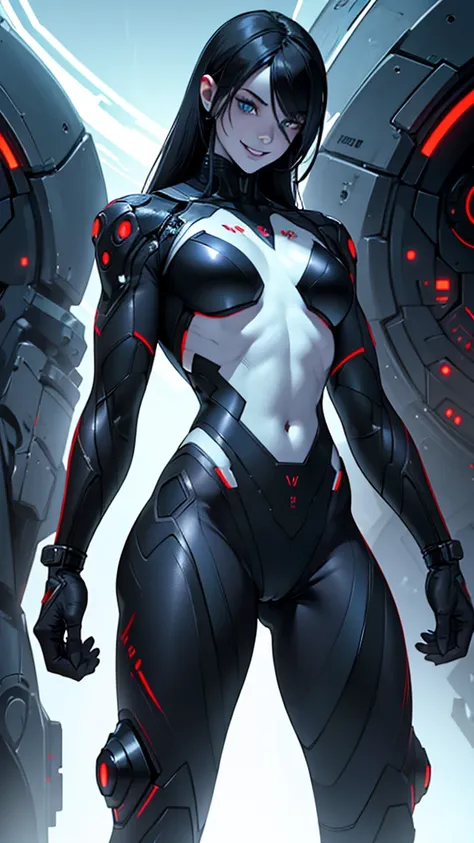 Cybernetic female alien with detailed muscles realistic masterpieces full figure pose (best quality,ultra-detailed), pale skin, small waist, large buttocks, (evil sinister smile), wearing black mobile cybernetic battle spacesuit