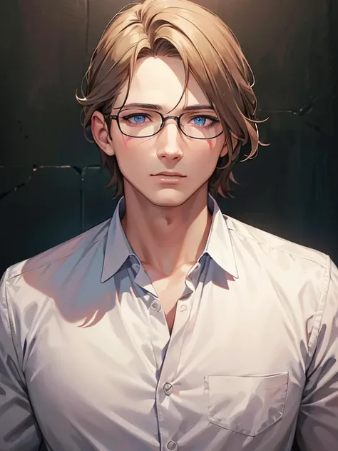 masterpiece, best quality, 1male, 31 years, brunette hair, blue eyes, glasses, white shirt, mugshot, wall background, detailed eyes, detailed facial features, realistic and high resolution (best quality, 4k, 8k, highres, masterpiece:1.2)