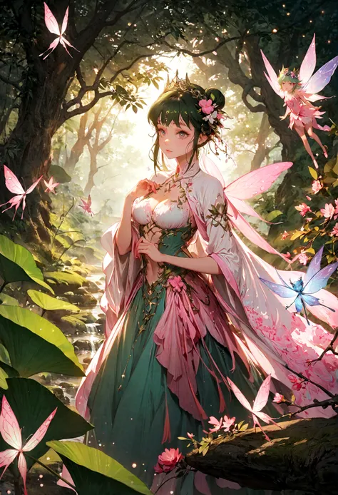 Large bust,(Fairy:1.2),(high resolution,Best quality,Like a dream,obsessed,In a forest,Fairy),(Vibrant colors,Extremely detailed,Realistically:1.37),(beautiful eyes,Dappled sunlight,Whimsical Creatures,Sparkling Mysterious Mist,Evocative atmosphere，Otherwo...