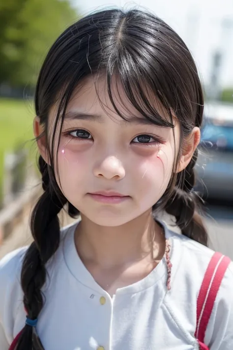 Girl　11 years old　Double teeth　Dimples　Realistic Skin　Braid　Single eyelid　outside　Black Hair　Movement　Crying face　Crying loudly　tears　whole body　whole body像　anger　angry