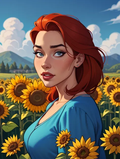 a woman with red hair and a blue dress standing in a field of sunflowers, abigail de stardew valley, linda pintura de personagem...