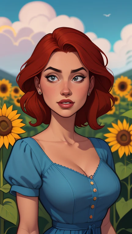 a woman with red hair and a blue dress standing in a field of sunflowers, abigail de stardew valley, linda pintura de personagem...