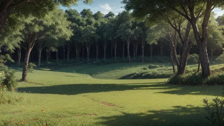 Campo aberto rodeado por floresta desenhada em formato de anime