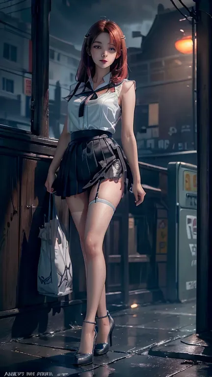 ((8k，masterpiece，best quality，Super detailed，Realistically))，extremely detailed face，Movie Lighting，Movie Lighting，Ray Tracing，Unlit Hair， On cloudy streets，Corner store，bus stop，rainstorm、heavy rain，Girl with dark hair and dark eyes.。Short black skirt and...