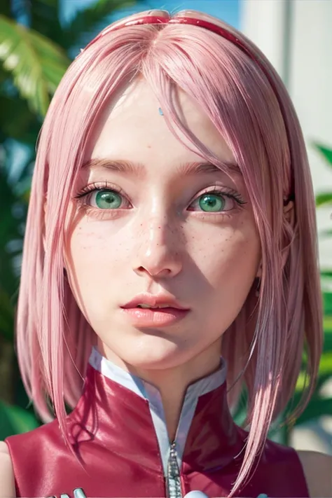 young woman, bubblegum pink hair, wide forehead, emerald green eyes, upturned nose, freckles on nose, thick pink lips, heart-shaped face, red clothes, Sakura Haruno, realism, well detailed, 3d
