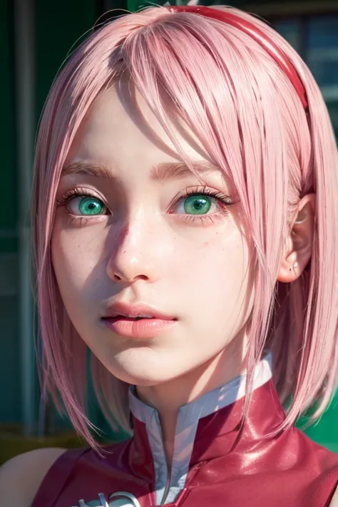 young woman, bubblegum pink hair, wide forehead, emerald green eyes, upturned nose, freckles on nose, thick pink lips, heart-shaped face, red clothes, Sakura Haruno, realism, well detailed, 3d
