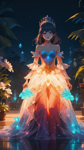 angry, screaming princess, flowers, glowing outfit, dark background, bioluminescent plants, fantasy world, crown, crytals