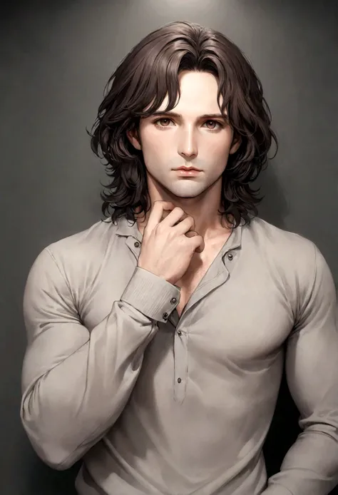 (traje de etiqueta para hombre), ), (con poca barba,) (ojos color cafe claro), Aspecto atractivo y serio, Dark brown hair, Elegante y con estilo, Camiseta de cuerpo fuerte afeitada, Un hombre similar al actor Jim Morrison, (Imagen realista y de alta calida...