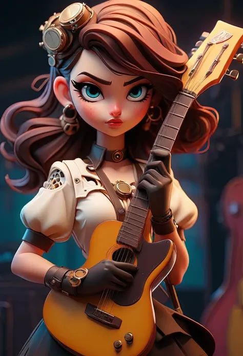 Steampunk style JK girl，Holding a huge guitar，There is a blurry black shadow standing behind me，beautiful，Celluloid style，Flat coating，HD，3D，comics，8K，high quality，illustration，Vaporwave style，Rim Light，light，Super detailed，complicated，overclocked renderer...