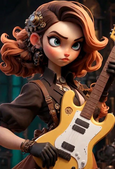 Steampunk style JK girl，Holding a huge guitar，There is a blurry black shadow standing behind me，beautiful，Celluloid style，Flat coating，HD，3D，comics，8K，high quality，illustration，Vaporwave style，Rim Light，light，Super detailed，complicated，overclocked renderer...