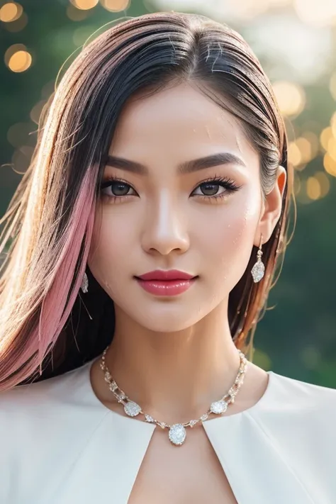 1 girl, Korean model, extremely beautiful, perfect body. Canon RF85mm f/1.2, 8K, lifelike, masterpiece, sharpest and highest contrast, super realistic color images. Her hair is pink, long and smooth, the wind blows it beautifully under the bright sunlight....