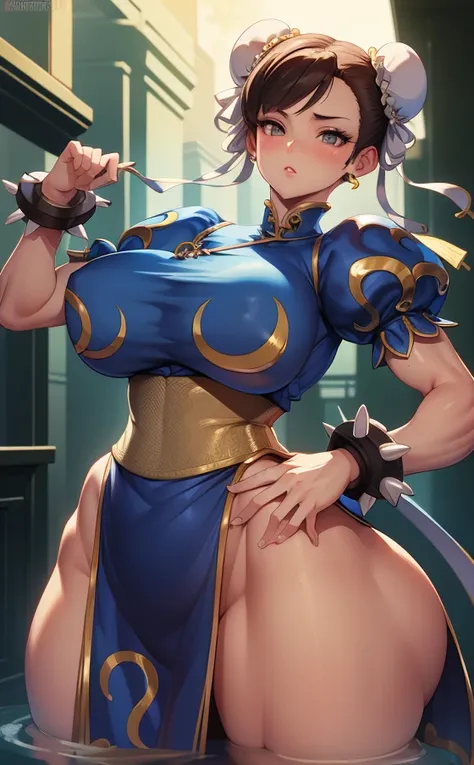 Chun-li (Uma linda garota gostosa e musculosa) olhos lindos, rosto lindo, seios gigantes, abdomen, coxas grossas, bunda grande