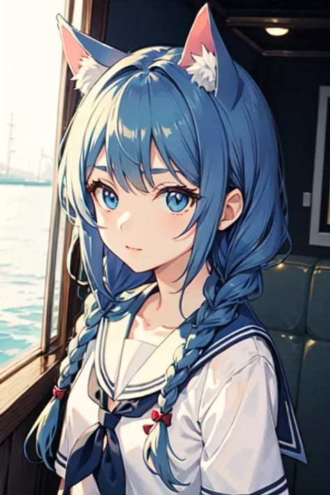 Blue hair in braids、An anime-style cat-eared girl with blue eyes wearing a sailor uniform