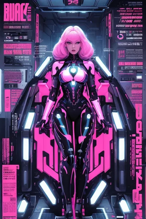 Feminine cyborg, magazine cover, poster art , hint of vibrant, bold sexy text