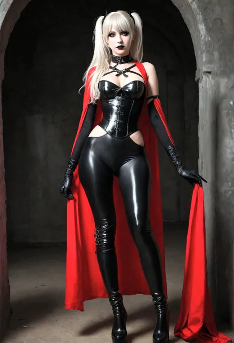 marie rose, full body view, long white hair ponytail, latex black red corset, latex high cut leotard, body harness, thigh high tall platform boots, long black latex gloves, extreme thin waist, large hips, large , black lipstick and mascara, gothic makeup, ...