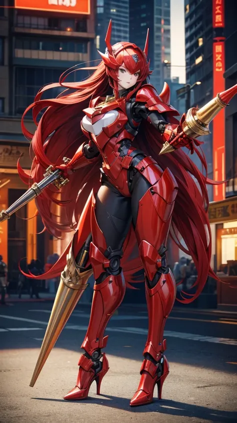 Huge female robot with long red hair，helmet，Full body red armor，mechanical joint，Chest，，high heels，trumpet city