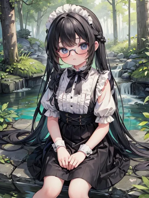 8k, (Romanticism:1.8), 9-year-old girl, black eye, Glasses, Black Hair, Long Hair, Braid, Black maid outfit, in the forest, stream